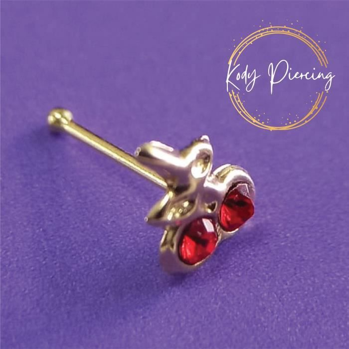 KODY PIERCING Stud en Or 14 Carats et Motif Deux Cerises avec Zircon Rouge Pacha