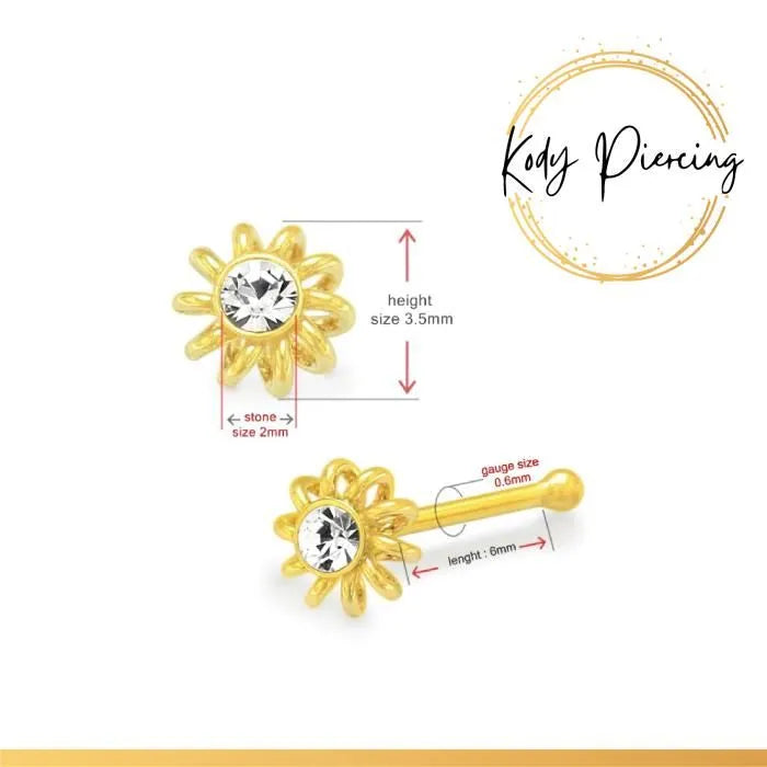 KODY PIERCING Stud Or 9 Carats avec Cristal Serti dans une fleur