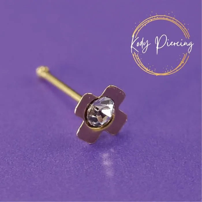 KODY PIERCING Stud Or 9 Carats Croix avec Cristal Serti