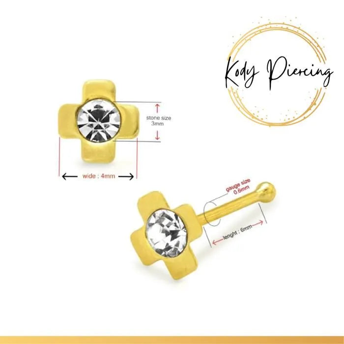 KODY PIERCING Stud Or 9 Carats Croix avec Cristal Serti