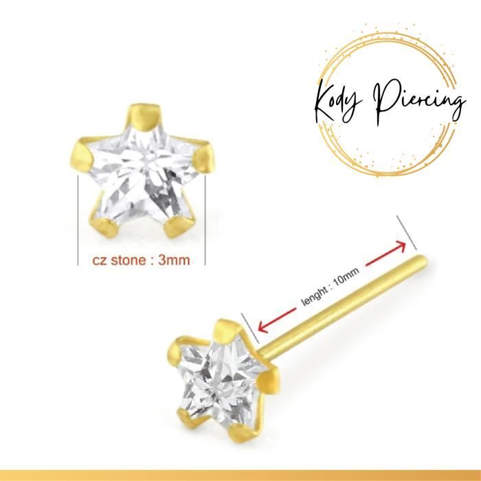 KODY PIERCING Stud Or Massif 9 Carats Orné d'une Étoile en Zircon de 3mm