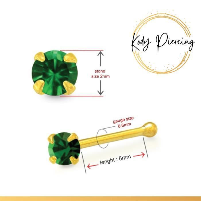 KODY PIERCING Stud Or 9 Carats avec Zircon Vert Emeraude de 2mm serti