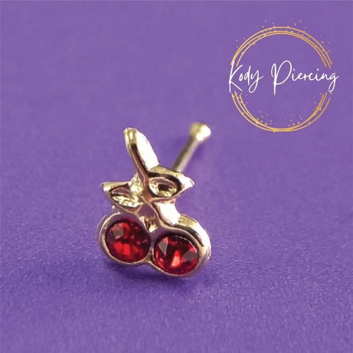 KODY PIERCING Stud en Or 14 Carats et Motif Deux Cerises avec Zircon Rouge Pacha