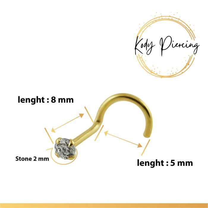 KODY PIERCING Tige Courbée OR 18 carats et Zircon Rond de 2 mm serti