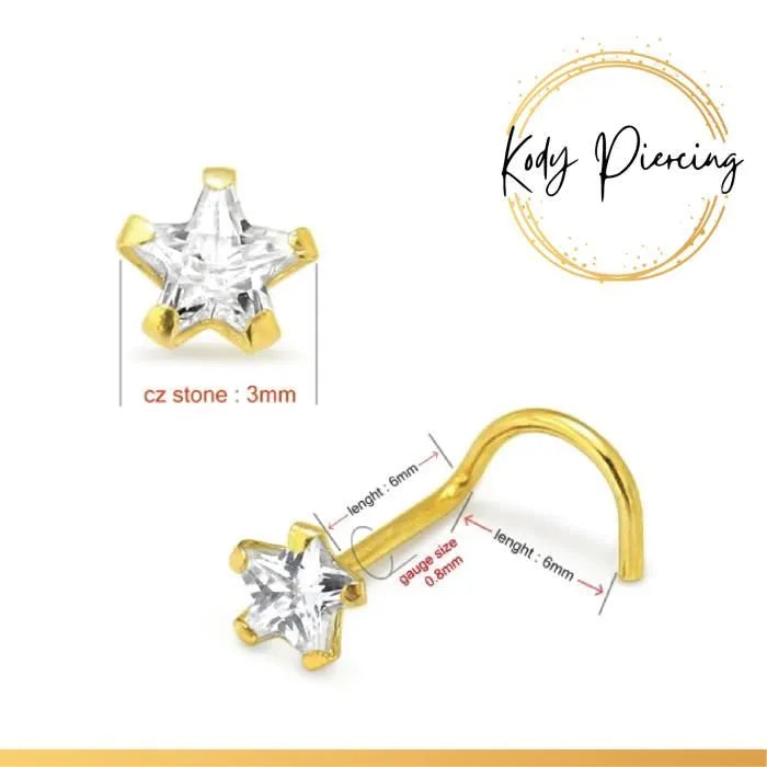 KODY PIERCING Tige Courbée OR 9 Carats Et Étoile 3mm Avec Zircon CZ Serti