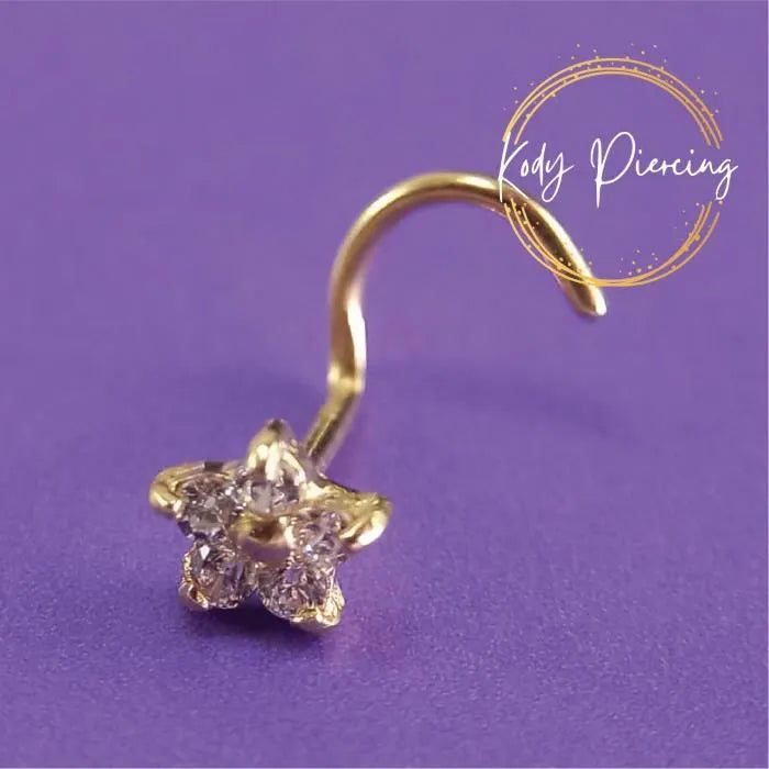 KODY PIERCING Tige Courbée OR 9 Carats et fleur de 5mm avec Zircon CZ