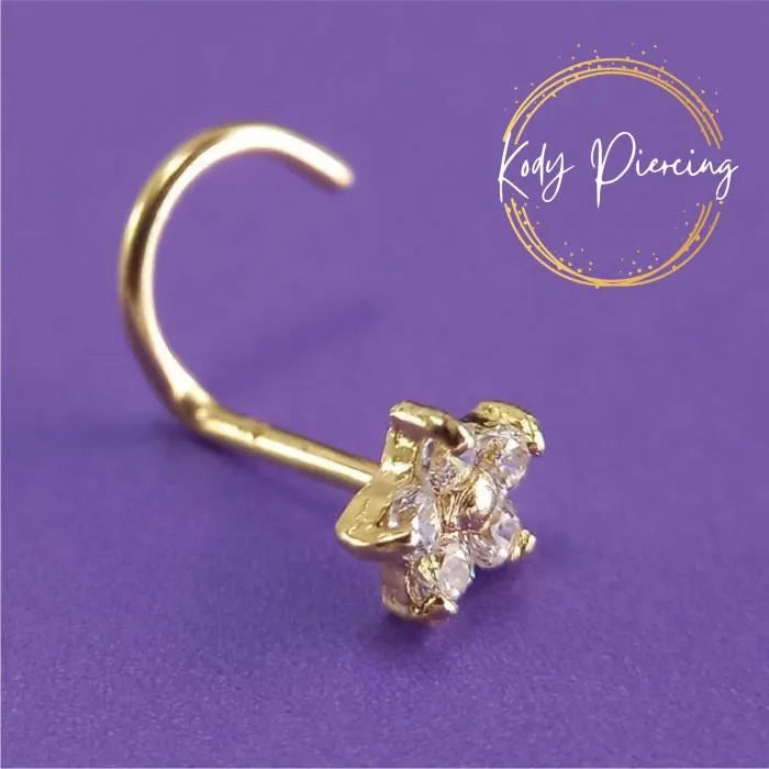 KODY PIERCING Tige Courbée OR 9 Carats et fleur de 5mm avec Zircon CZ