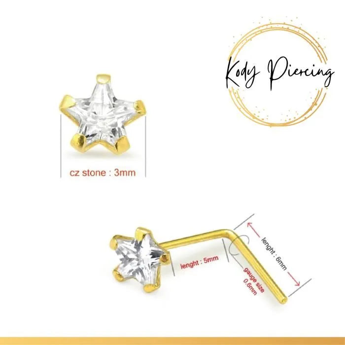 KODY PIERCING Tige en L OR 9 Carats et étoile 3mm avec Zircon CZ serti