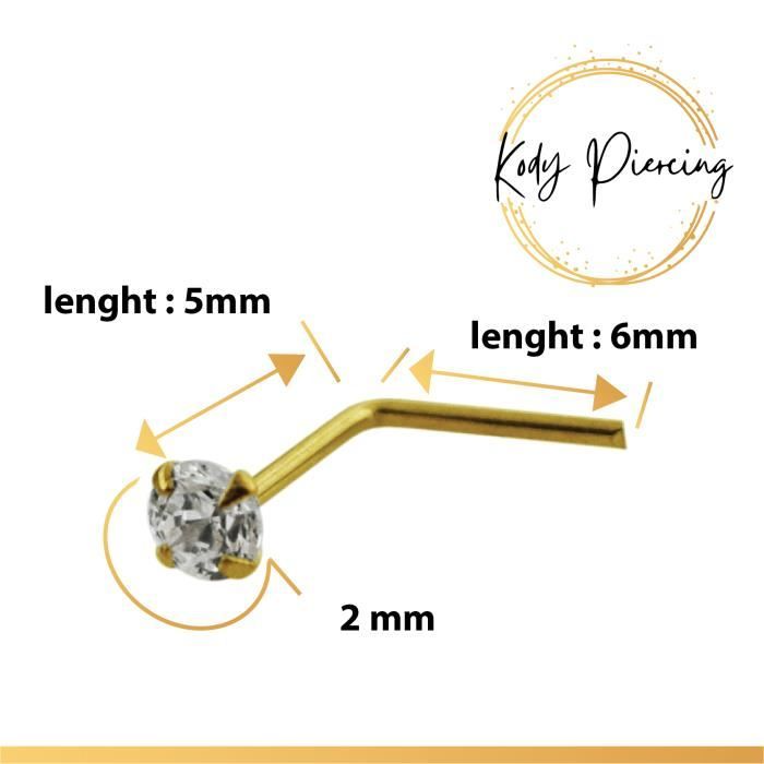 KODY PIERCING Tige en L OR 10 Carats et Zircon Cubique 2mm