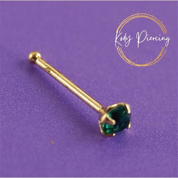 KODY PIERCING Stud Or 9 Carats avec Zircon Vert Emeraude de 2mm serti