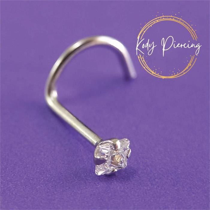 KODY PIERCING Tige Courbée OR Blanc 14 Carats et Zircon CZ de 2mm serti
