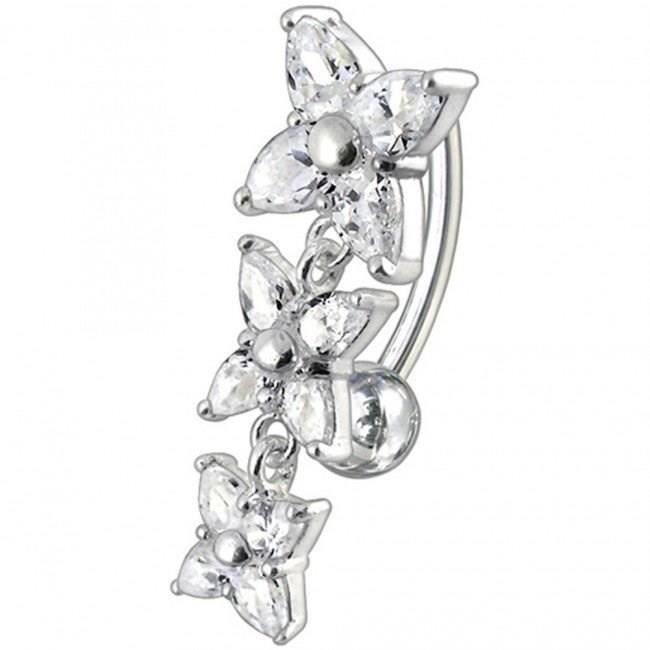 KODY PIERCING Piercing Nombril Inversé 3 Fleurs Pendantes Argent 925 - Blanc