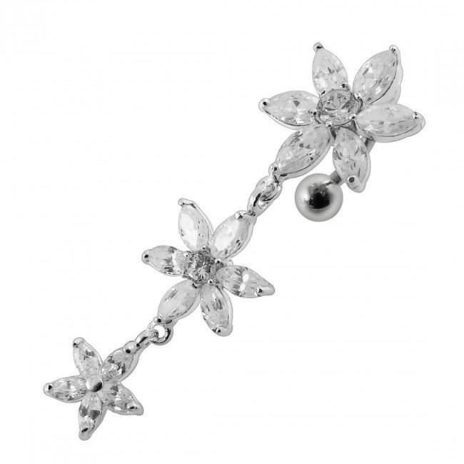 KODY PIERCING Piercing Nombril Inversé 3 Fleurs Pendantes Argent 925 - Blanc