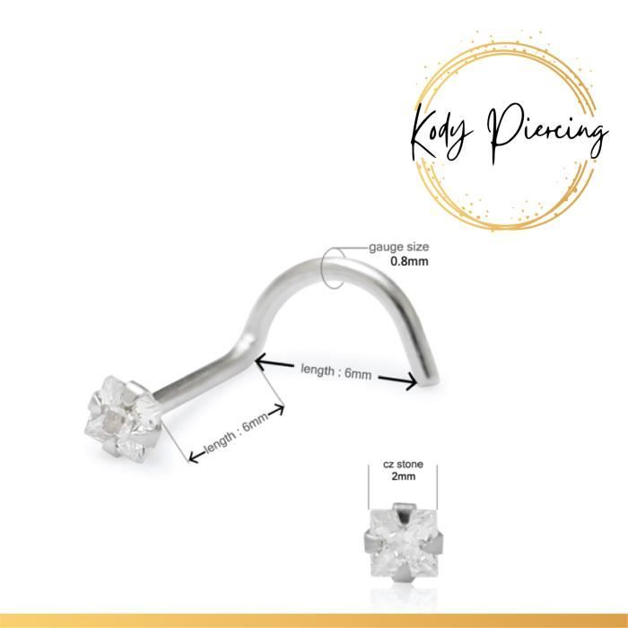 KODY PIERCING Tige Courbée OR Blanc 14 Carats et Zircon CZ de 2mm serti