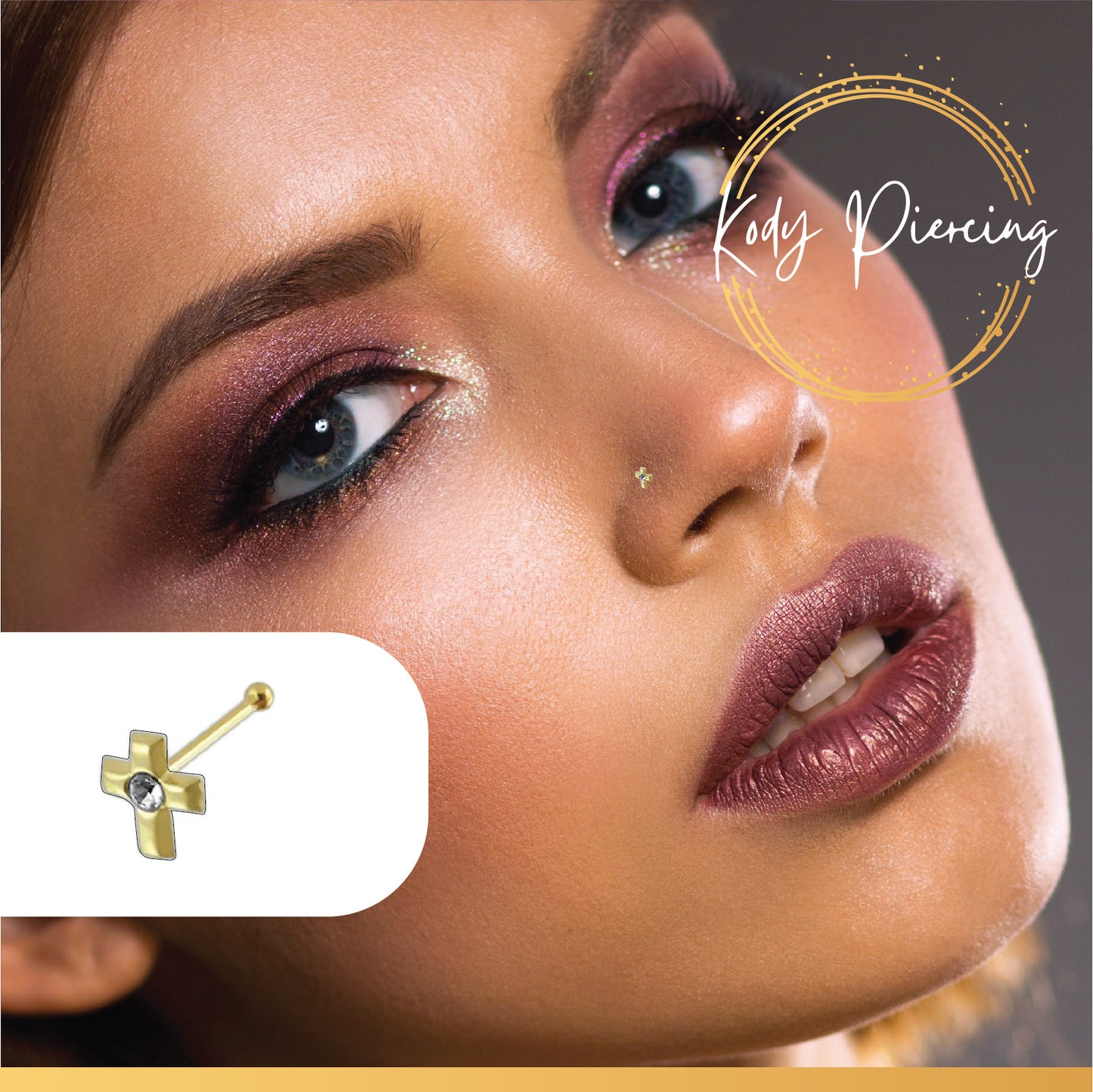 KODY PIERCING Stud Or 9 Carats Motif Croix 4 mm et Zircon rond