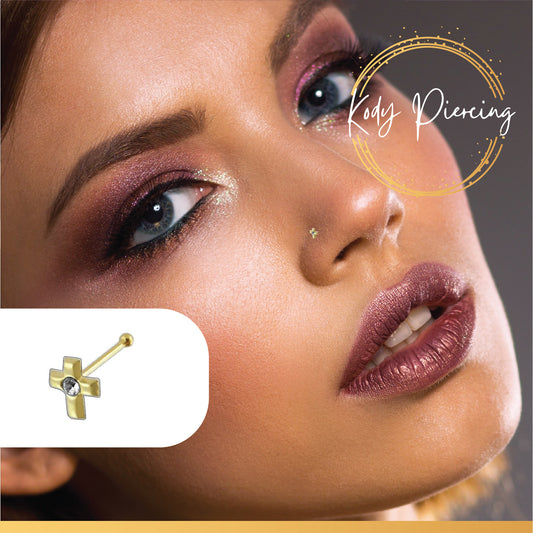 KODY PIERCING Stud Or 9 Carats Motif Croix 4 mm et Zircon rond
